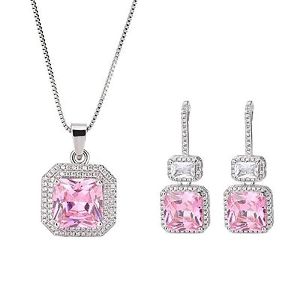 Pink Quartz And Lab Diamond Pendant Necklace And Earring Set